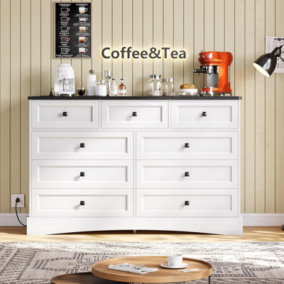 Commode de chambre à coucher avec 9 tiroirs, meuble télé de 51,2 po de long avec station de charge, commode de style maison de campagne, grande commode de rangement en bois pour la chambre à coucher, le salon
