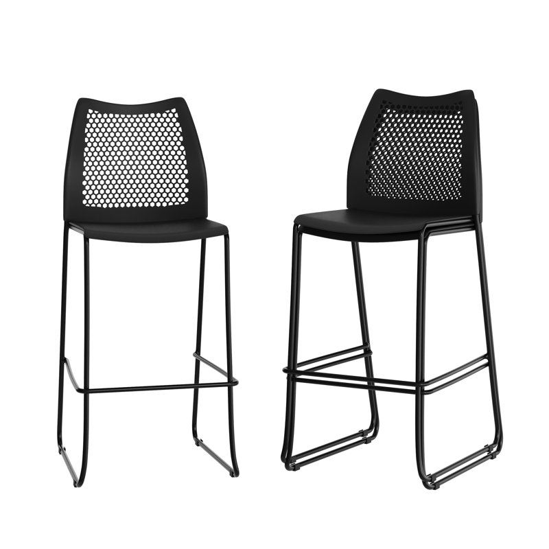 Stackable Sled Base Barstool With Vented Back And Integrated Footrest, Black/Black, Bar Stool (30.25" Seat Height), 3