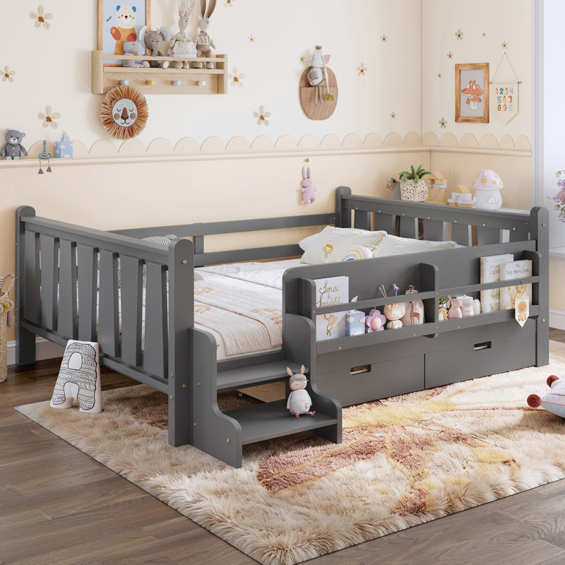 Twin Size Floor Bed with Storage Bookcases and Drawers, Full / Double, Gris