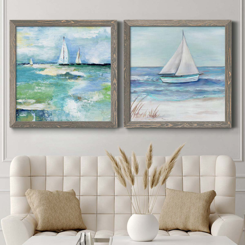 Jour sur le lac - ensemble de 2 peintures sur toile encadrées, H 27,5 po x l 55 po x P 1,5 po, Encadré gris