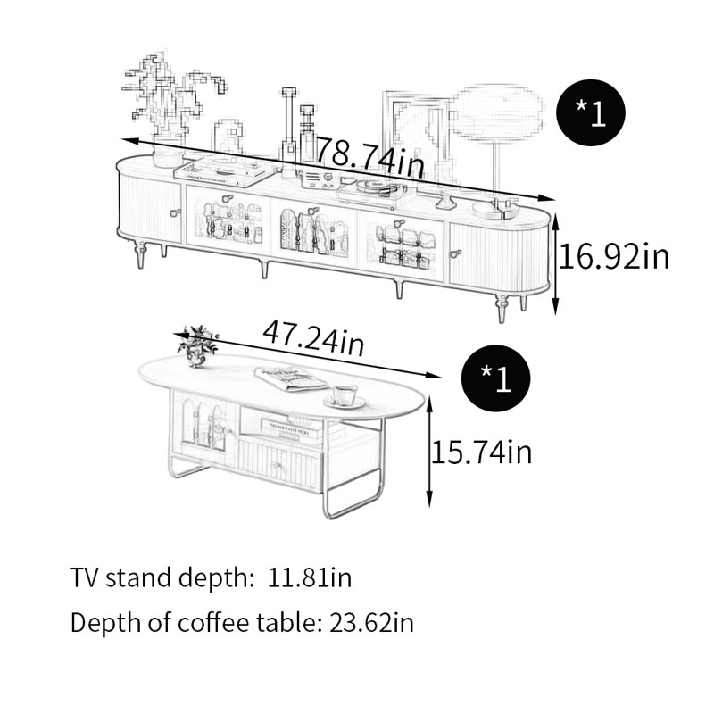 Meuble télé avec table basse style rétro français, Crème