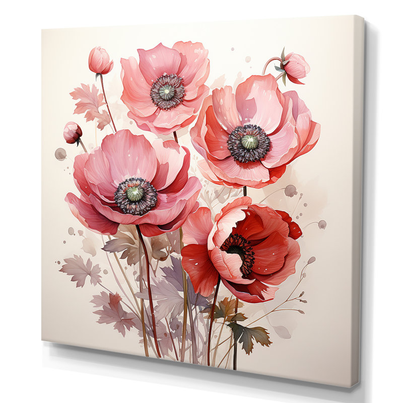 Corail coquelicot - art mural coquelicots, H 36 po x l 36 po x P 1,5 po, Toile tendue