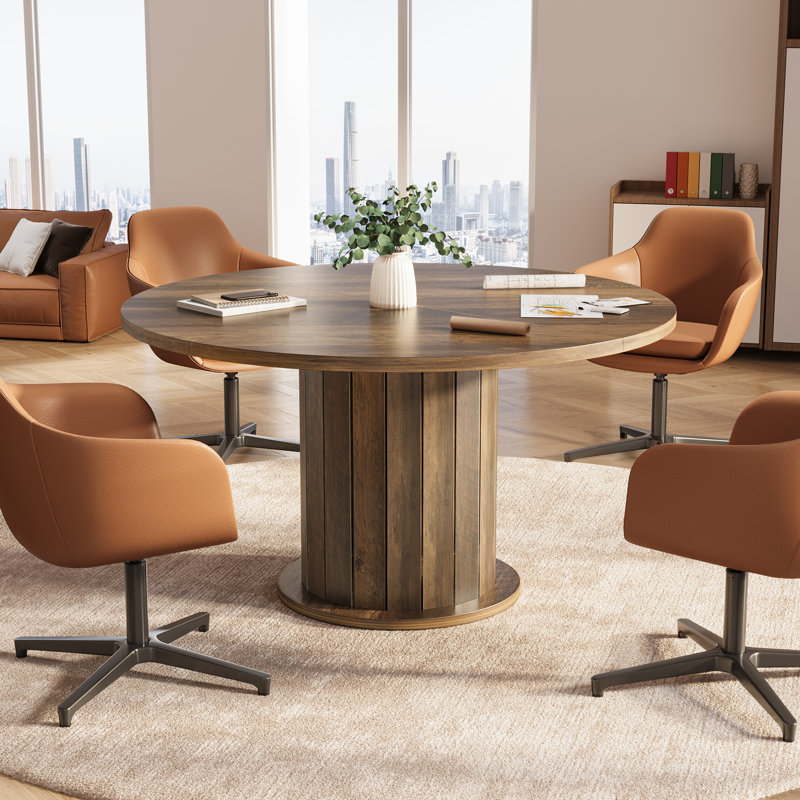 Table de conférence ronde de 47 pouces avec piédestal à lattes robuste, table de réunion rustique pour 4 à 6 personnes