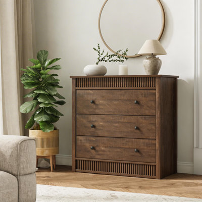 Modern 3 Drawer Dresser for Bedroom Natural Wood Look Particleboard Storage Chest with Vertical Double Wavy Drawer Fronts Deep Storage and Wide Tablet