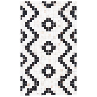 Sebeka Hand Woven Leather/Felted Cloth Chevron Rug in Ivory/Black