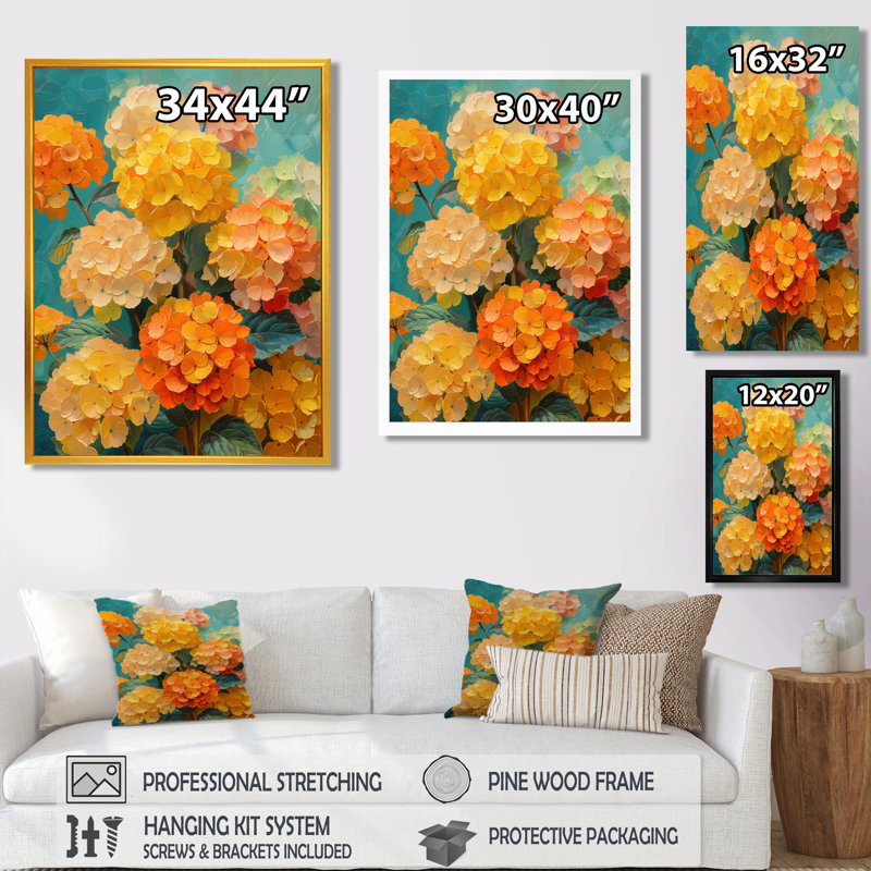Hortensia orange et bleu qui fleurit en été II - décoration murale hortensia, Cadre flottant doré, H 16 po x l 32 po