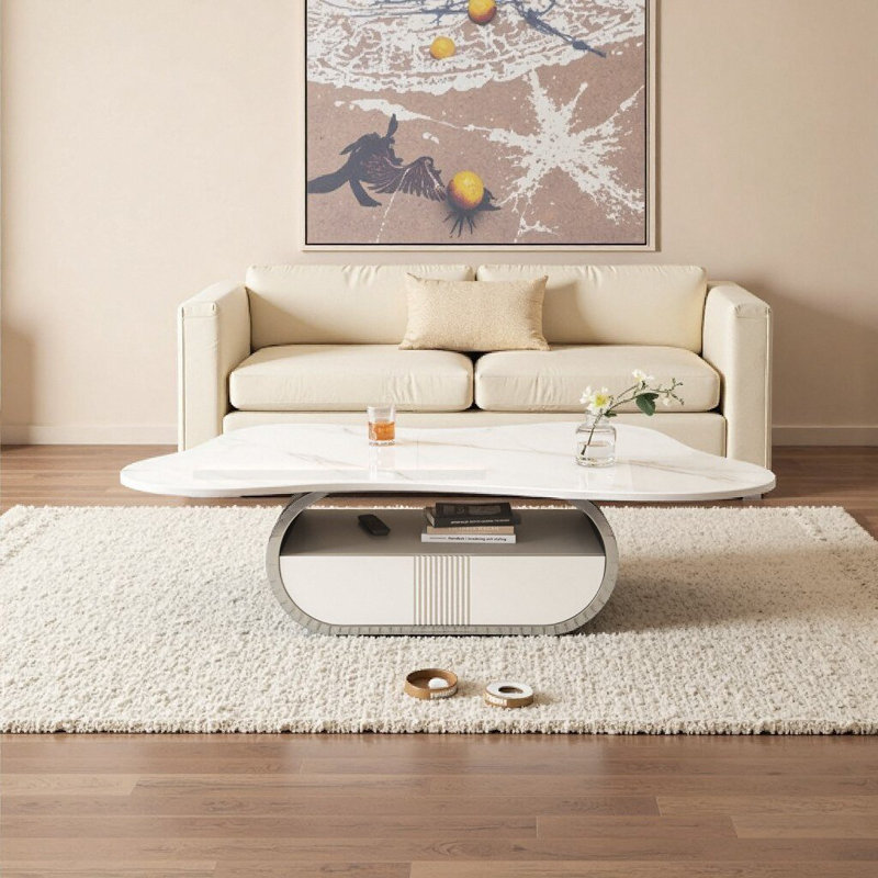 Table basse moderne avec plateau en pierre frittée, tablette de rangement et tiroir Modern Steel, Gris + blanc