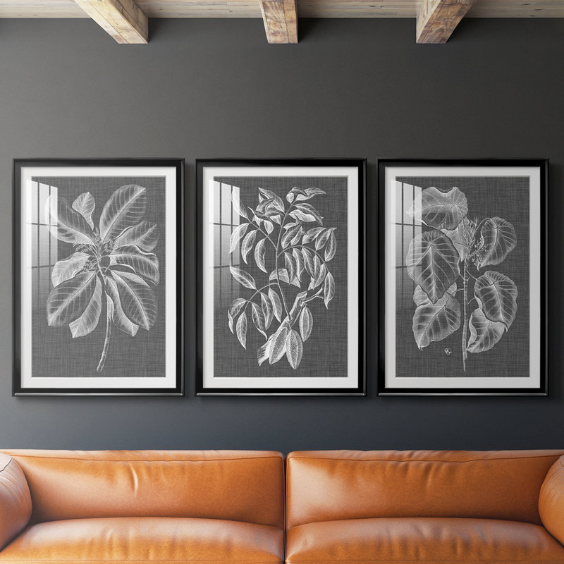 Graphic Foliage II - reproduction encadrée sur mesure de qualité supérieure mate - 3 pièces, Noir, 19" H x 27" W