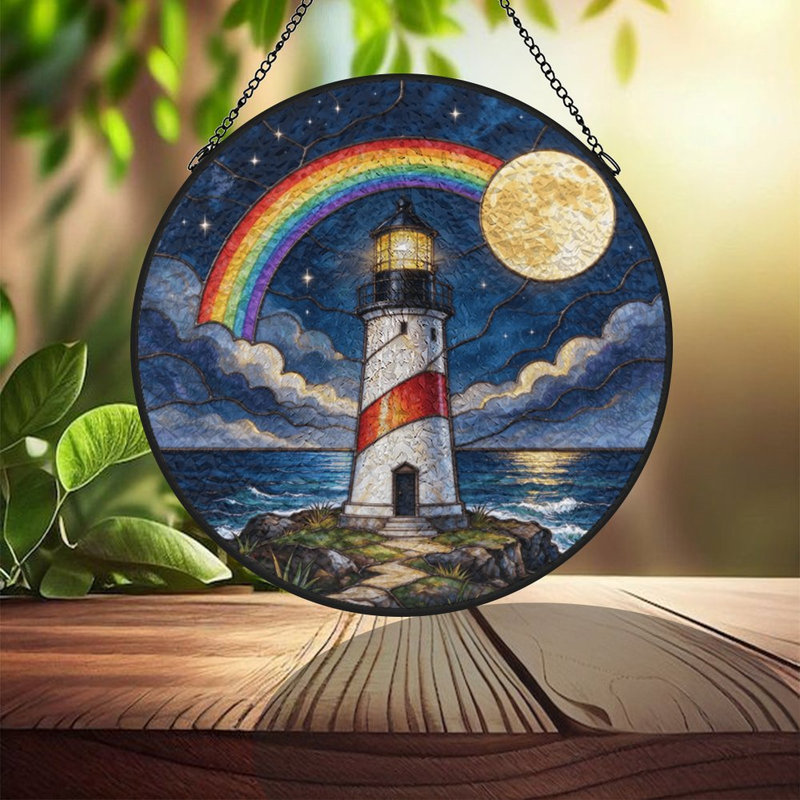 Phare arc-en-ciel (1) vitrail pour fenêtre, 6,3 x 6,3 po (16 x 16 cm)