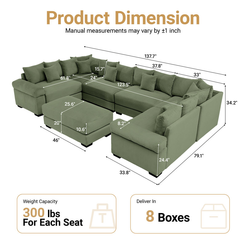 Canapé modulaire en coin surdimensionné de 137,7 po avec repose-pieds 7 pièces, Velours côtelé vert