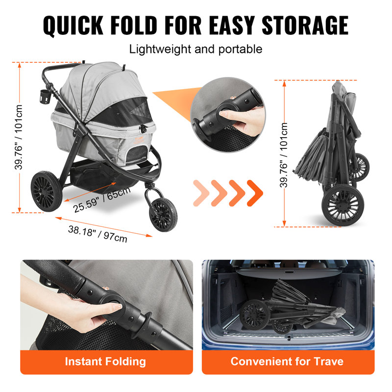 Gray Large Pet Stroller with Adjustable Handle and Storage
