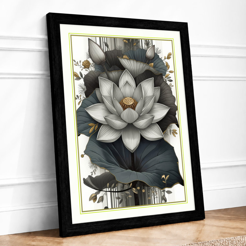 Water Lily Bloom Botanical - Framed Print, A1 - 84.1 x 59.4 cm, Black