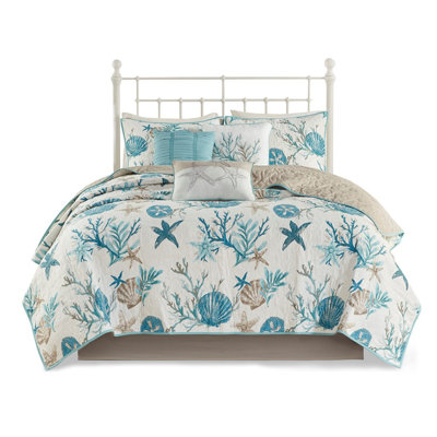 Luxurious 6 Piece Cotton Sateen Bedding Set, Coastal Aqua Design For Bedroom Decor