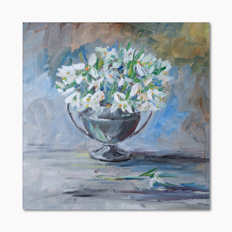 Bouquet Tender Spring First Snowdrops - Peinture, H 16 po x l 16 po x P 1 po, Toile tendue