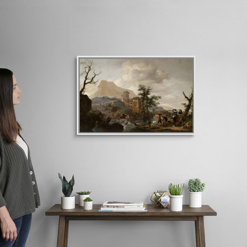 " Stag Hunt In A River, C1650-1655 " by Philips Wouwerman, White Framed, 22" H x 32" W x 1.75" D