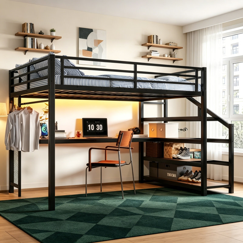 Grand lit mezzanine en métal avec bureau et escalier de rangement, éclairage à DEL intégré et ports de chargement USB, filet de fer suspendu, bouchons en caoutchouc réducteurs de bruit et cadre en acier résistant à la rouille Assemblage facile