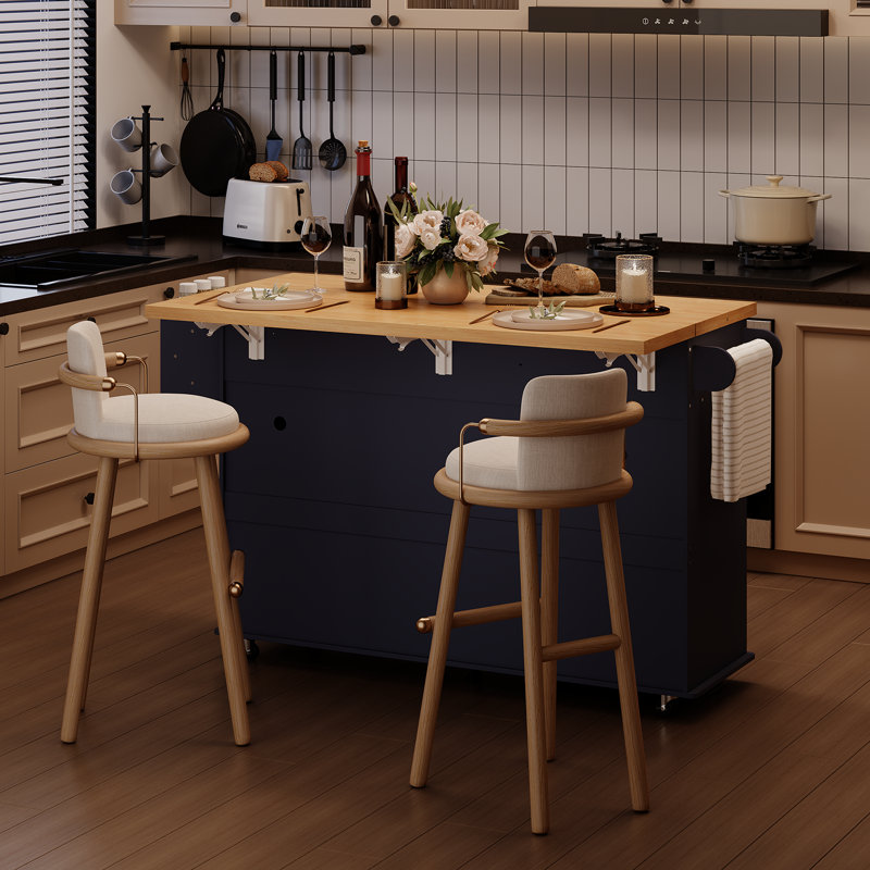 Jamera 60.2"W Kitchen Island with Two Large Storage Cabinets And Drawers, Locking Wheels, Oak/Blue