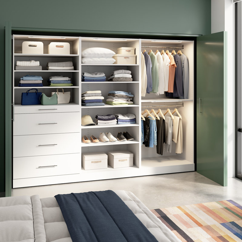 Système d'organisation modulaire avec garde-robe 107W x 25D Bestar Florence avec lumières DEL, tringles, tablettes et tiroirs, style dalle