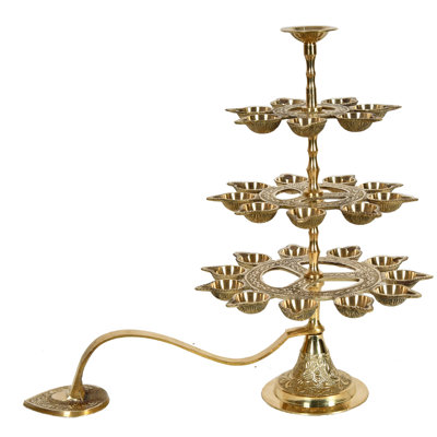 Handmade 12-Inch Brass Handheld Aarati Lamp – Multi-Wick Indian Ritual Diya, Elegant Layered Design for Puja, Festival, and Decor