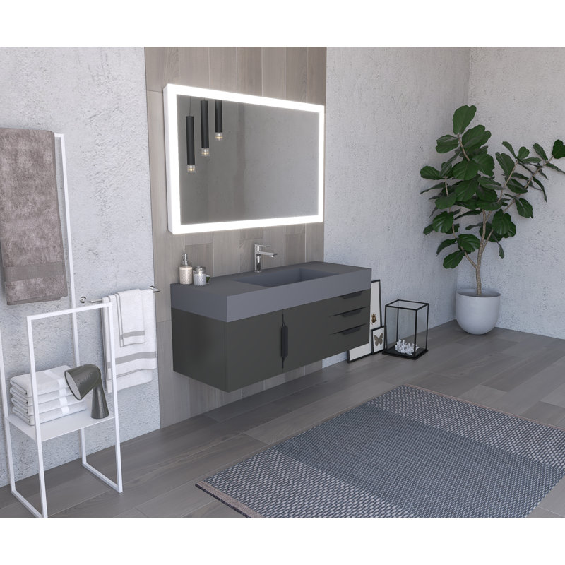 Meuble-lavabo mural simple 48 po avec comptoir à surface solide - base noire, plateau gris, poignées noires, gris, Noir, Noir