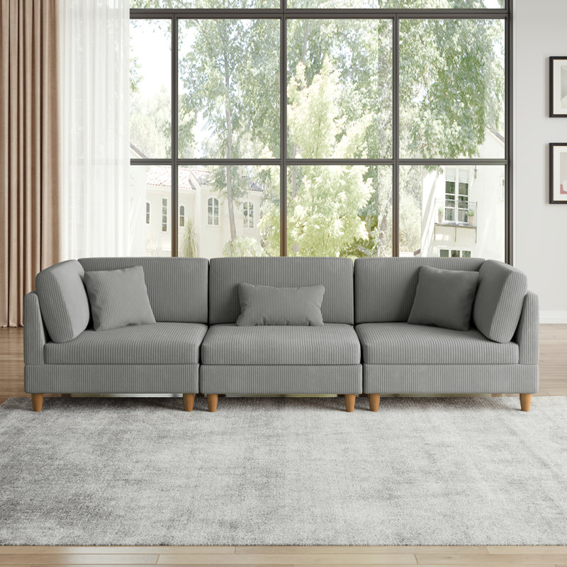 Seemab 3 - Piece Upholstered Light Gray Corduroy Modular Sectional with Pillow Back and Solid Wood Legs, Light Gray