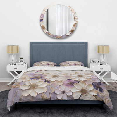 Ensemble d'édredon floral 4 pièces - Ensemble de literie et coussin décoratif beige et mauve Violets I