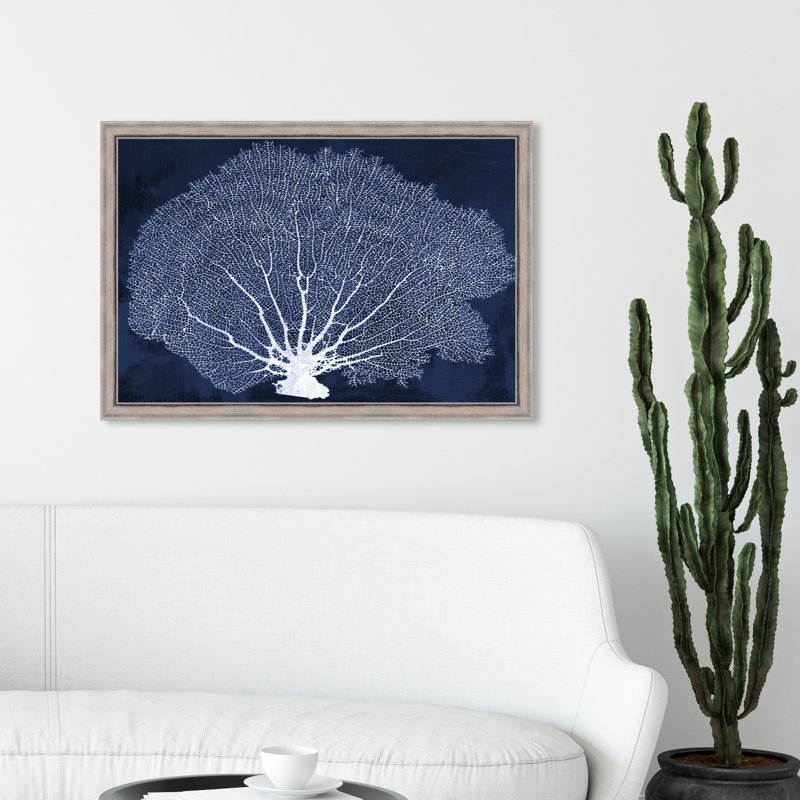 «Nautical and Coastal Coral Fan», impression d'art graphique sur papier, Cadre noir plat, H 22 po x l 32 po x P 0,5 po