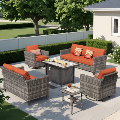 Ensemble de mobilier de patio pour 7 personnes avec chaises berçantes pivotantes, ensemble de conversation en rotin avec coussins pour l'extérieur, ensemble de conversation toutes saisons avec foyer pour jardin