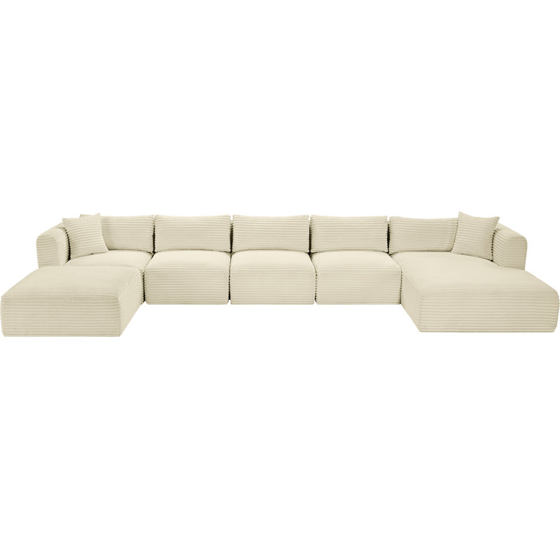 Canapé modulaire Carmean, Velours côtelé texturé crème, 3 sans accoudoirs, 1 méridienne, 1 d'angle et 1 r