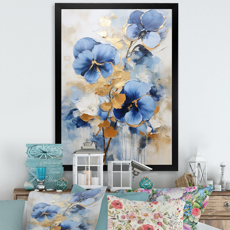 Bleu et or Minimalisme Pansy Radiance Bouquet II, Cadre simple noir, H 32 po x l 16 po x P 1 po