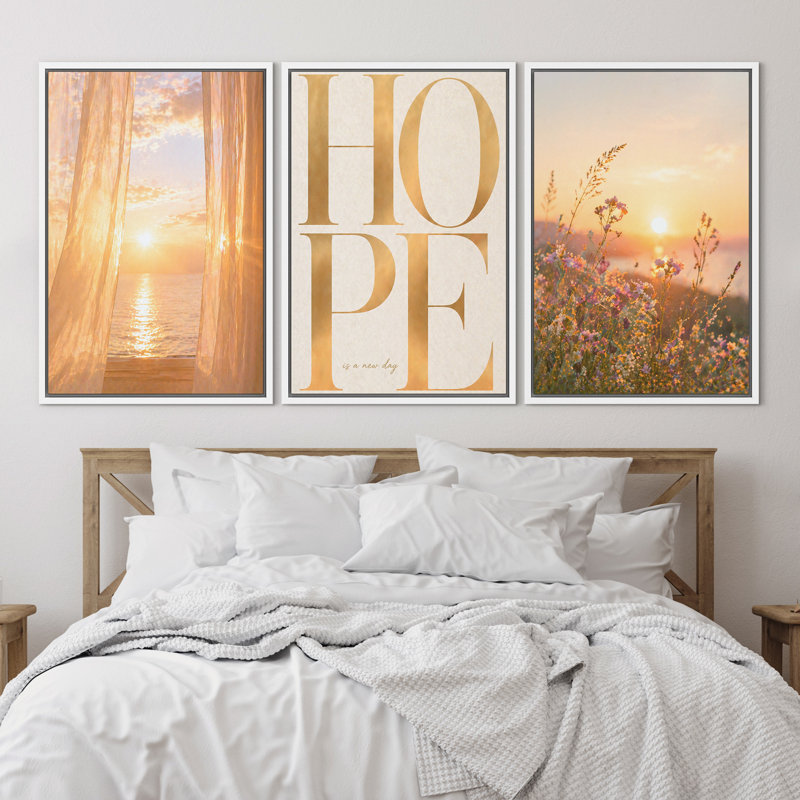 Coucher de soleil sur l'océan avec des fleurs et une inspiration, impression d'art typographique encadrée sur toile, 3 pièces