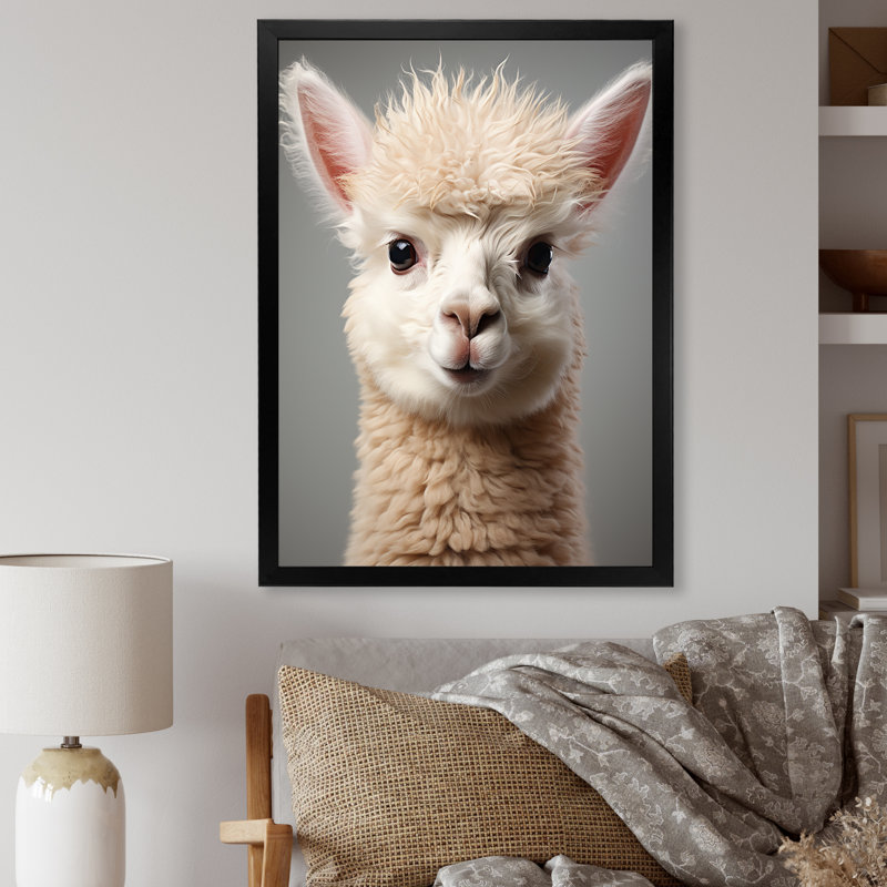 Blanc alpaga majestueux - art mural Alpaca, Cadre simple noir, H 44 po x l 34 po x P 1,5 po
