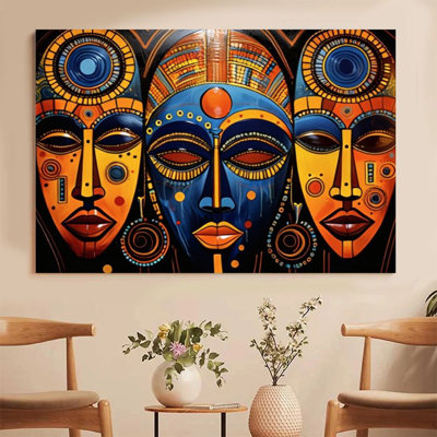1Pc Framed Canvas Poster Print African masks, geometric patterns and symbolic motifs, primitive tribal art style Wall Art, Wall Decor, Perfect for Room Living Room Bedroom Office Kitchen Bathroom Home Decor, Rustic & Modern Ideal Home Wall Decoration