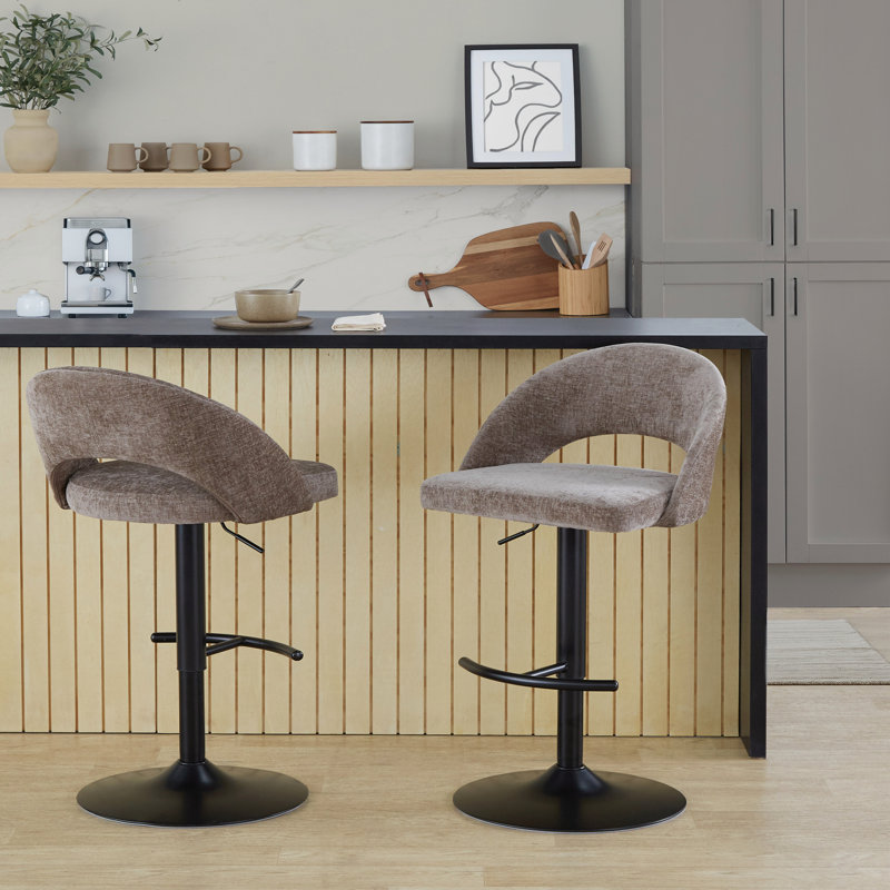 Ensemble de 2 tabourets de bar réglables pivotants, structure en métal noir avec tissu brun et repose-pieds en T, Noir