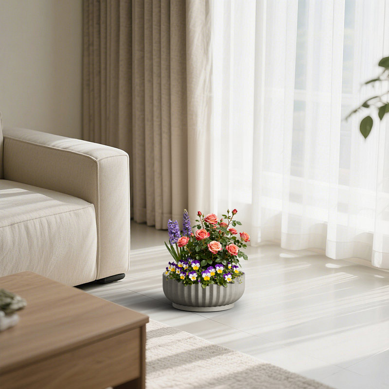Bol à fleurs rond en forme de pot de fleurs avec trou de drainage de 15 po en pierre gris moyen (intérieur amélioré)