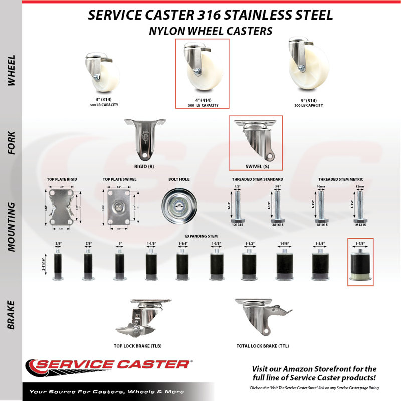 Swivel Stem Caster, 4" H x 4" W