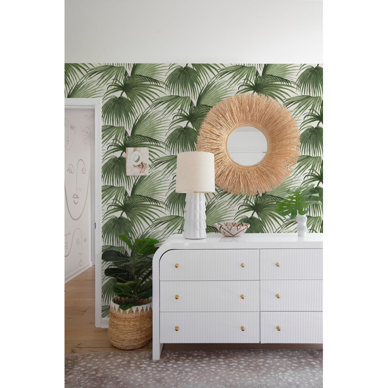 Pawley’s Island Palms Barely Wallpaper by Megan Molten, Blue, Faux Grasscloth