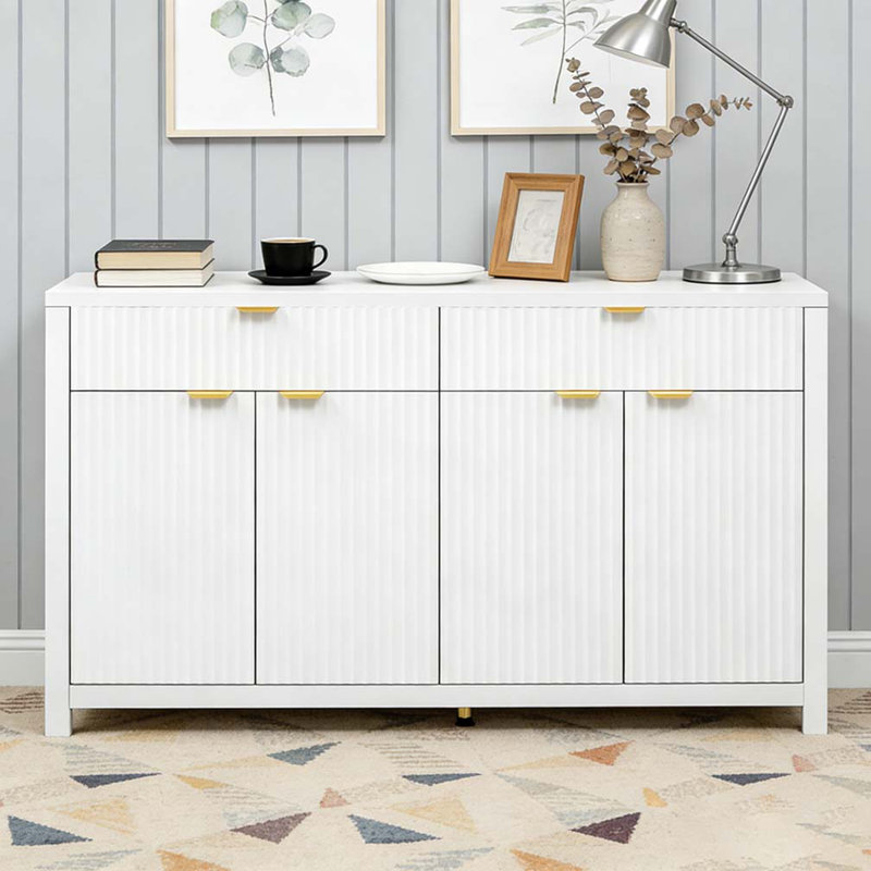 Buffet 55,1 "avec 2 tiroirs et 4 portes, tablettes réglables, Blanc