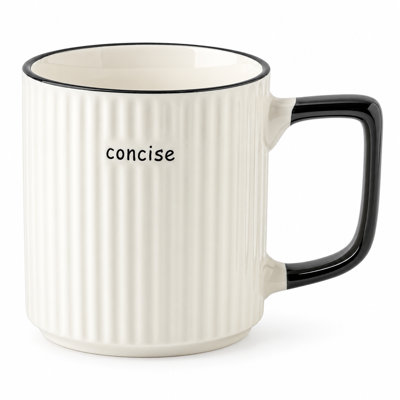 White Ribbed Ceramic Coffee Mug with Black Handle and Rim, Modern Minimalist Tea Cup