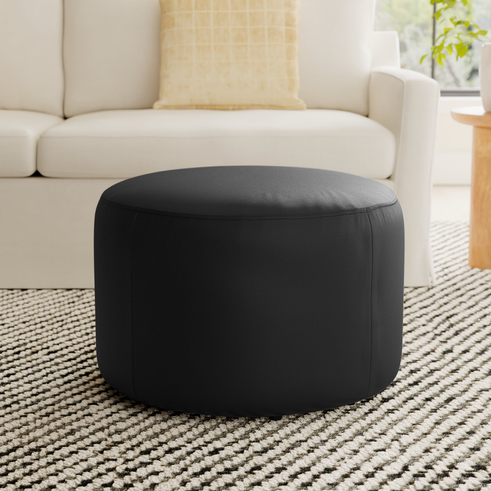 Danva 24" Genuine Leather Ottoman, Impression Black Genuine Leather
