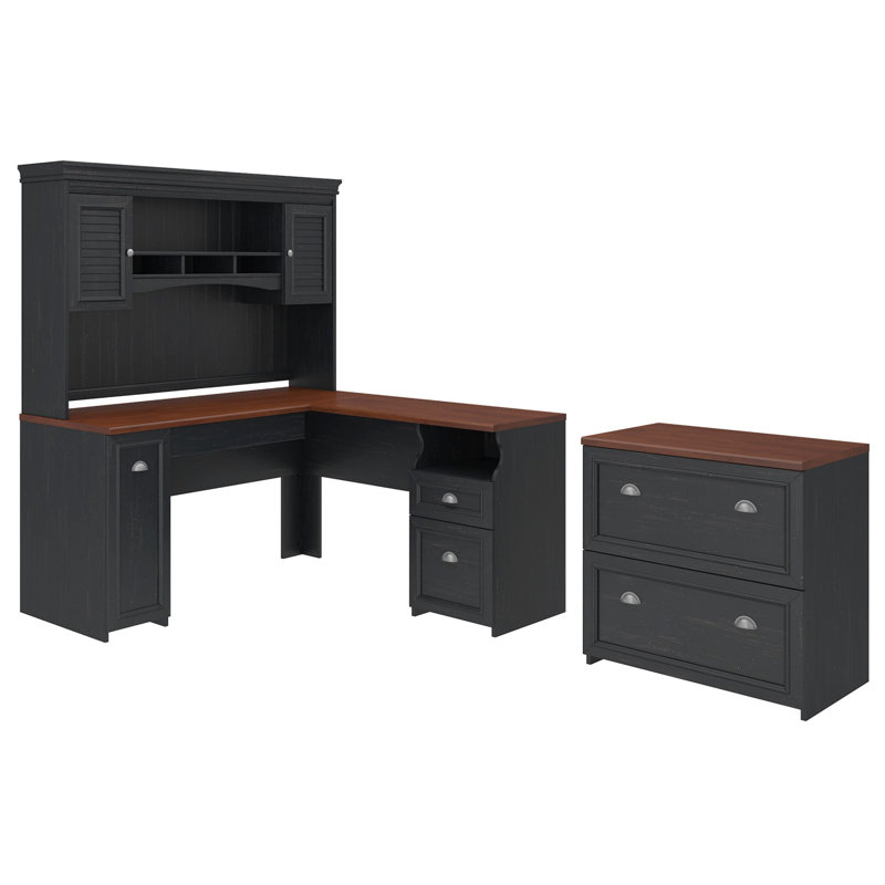 Huckins 3 Piece Computer Desk Office Set, Antique Black/Hansen Cherry