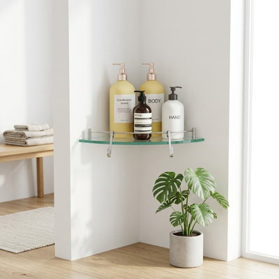 2 Pack Brushed Gold Glass Corner Bathroom Shelf, 18/8 Stainless Steel Tempered Glass Shower Shelf with Rail & Hooks