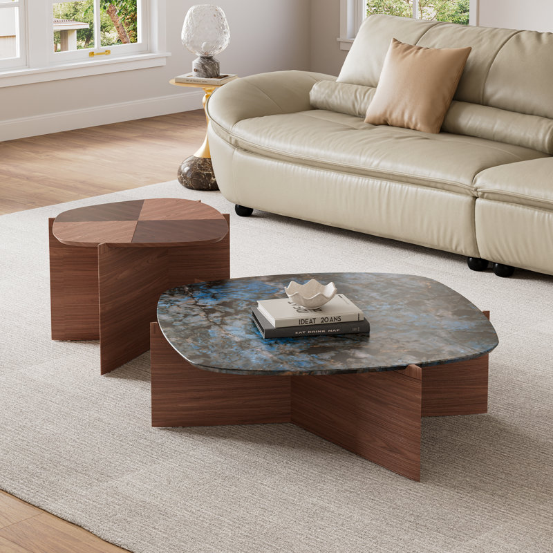Modern Walnut And Sapphire Marble Irregular Coffee Table Nesting Set