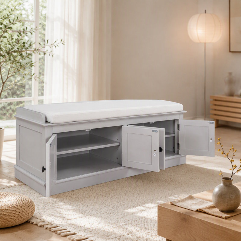 Banc de rangement avec étagères ajustables, banc à chaussures avec coussin amovible, Grey, Gris