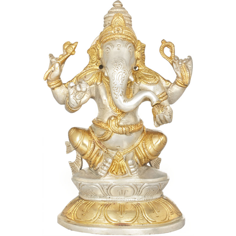 Ganesha sur base Lotus double en laiton, Argenté/doré