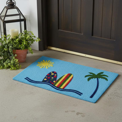 18" X 30" Blue and Green Coir Tropical Outdoor Door Mat