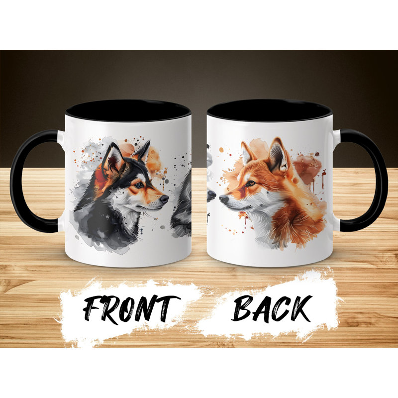 Watercolor Wolfdog Fox Design 11oz Coffee Mug, Black, 3