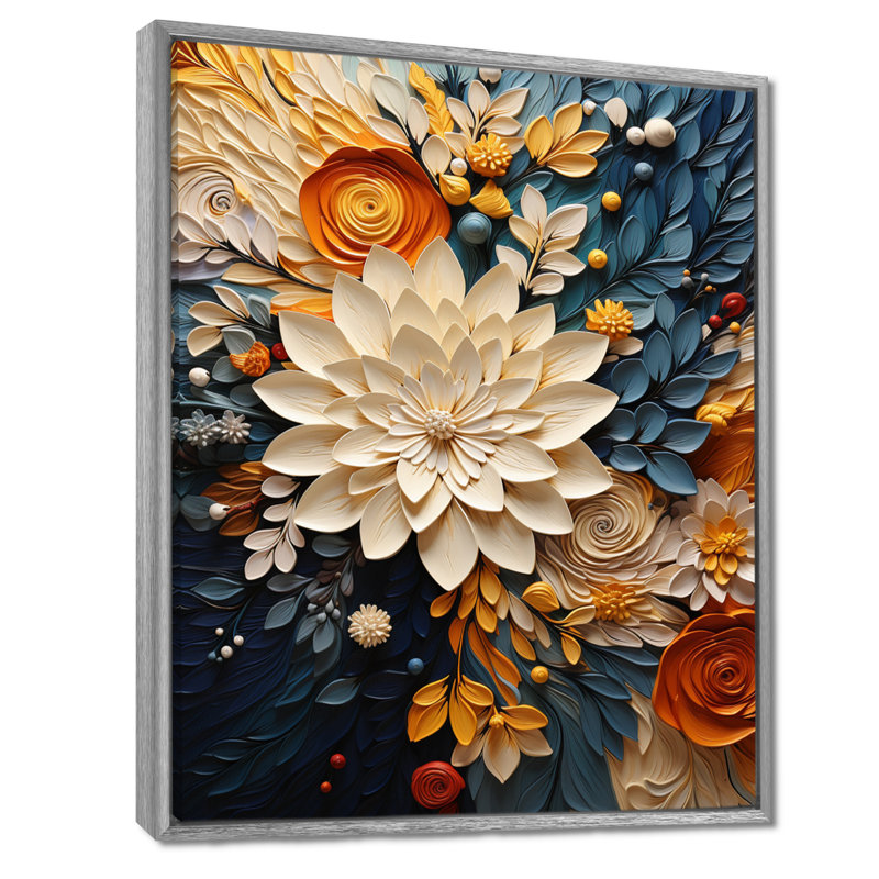 Reproduction d'aquarelle orange sarcelle tourbillon botanique IV, H 32 po x l 16 po, Reproduction avec cadre flottant
