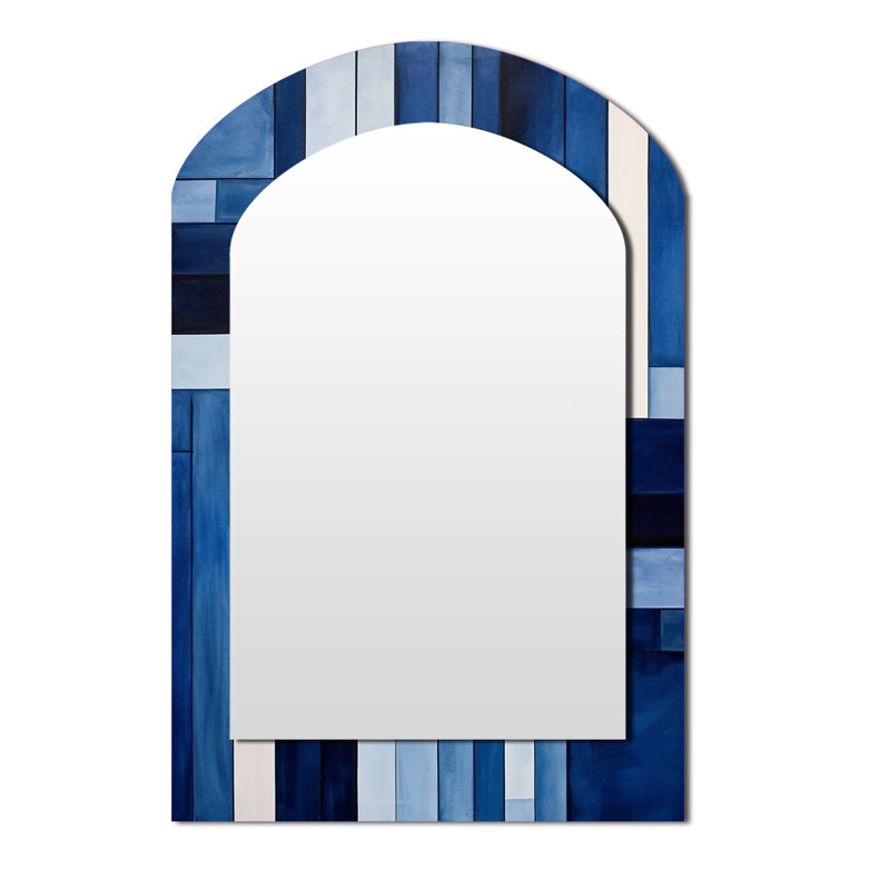 Blue White Sapphire Symmetry I - Abstract Shapes Asymmetrical Unique Mirror, Blue Arch Large Wall Mirror, Printed Metal Art