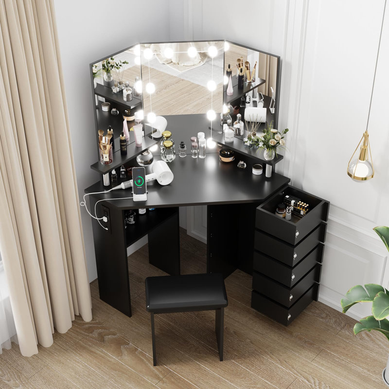 Coiffeuse de maquillage avec miroir lumineux et multiprise, coiffeuse de coin avec 5 tiroirs rotatifs, éclairage à intensité variable 3 couleurs, tablettes et tabouret, noir